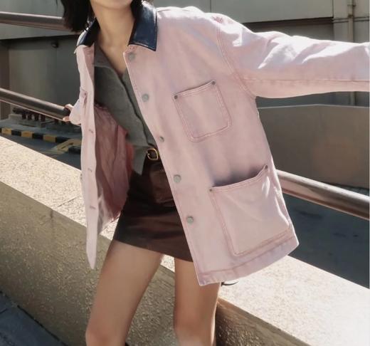 Sue.M ORTA土耳其进口樱花摩卡 巴恩风复古水洗牛仔外套女撞色皮领拼接中长款秋冬牛仔衬衫 商品图0