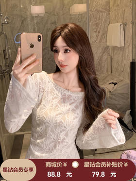 张心子【心动赴约】珍珠圆领竹叶纹蕾丝上衣 U2509035