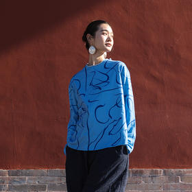 绽放554朵/手绘晋彩线条撞色设计感百搭纯棉长袖T恤女秋冬打底衫