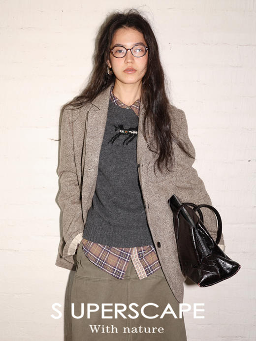 素舶 全羊毛粗纺杂花肌理感廓形裁剪微收腰立领翻领天然牛角扣西装外套 商品图0