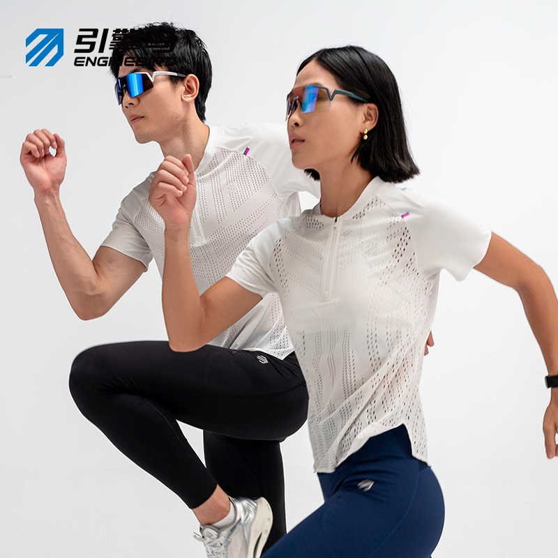 引擎鸟女款半拉链风洞越野短袖T恤速干吸湿排汗短袖户外跑步上衣