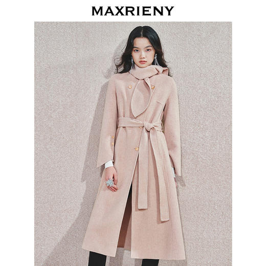 MAXRIENY精致肌理感绵羊毛大衣24冬新款收腰显瘦系带外套中长款(货号:MS85CT768) 商品图1