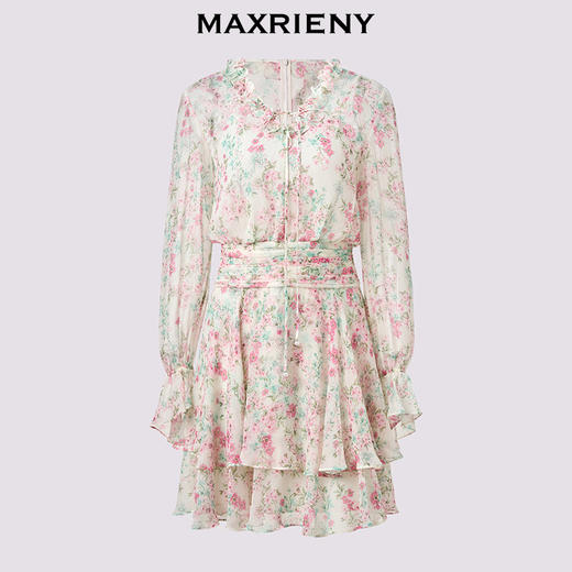 MAXRIENY优雅度假风碎花连衣裙25夏款抽褶收腰浪漫印花晕染(货号:MF86DR011) 商品图4