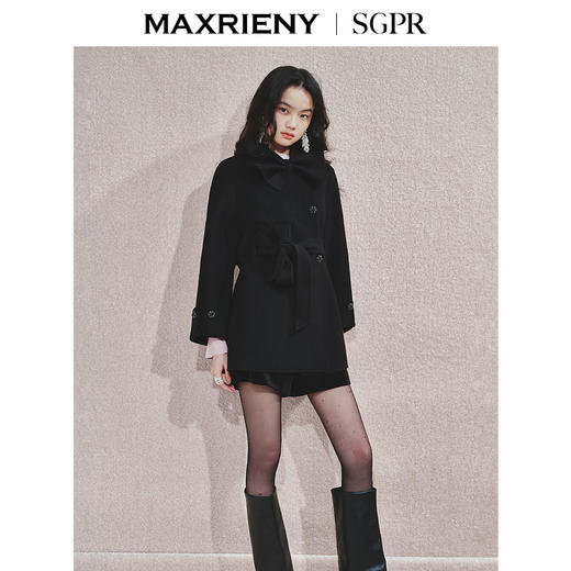 MAXRIENY【商场同款】纯色羊毛外套24秋围脖蝴蝶结领收腰系带设计(货号:MS85CT756) 商品图2