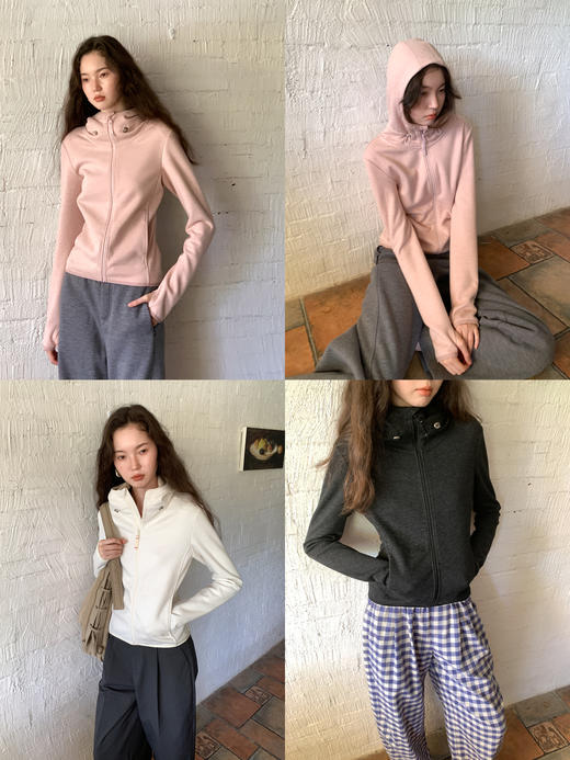 素舶 回弹塑性纤维收腰显瘦连帽卫衣外套运动风设计感指孔长袖开衫 商品图3