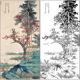 谢稚柳山水工笔画白描底稿《秋浦雁影》四尺六尺临摹勾线高清打印稿XZ32