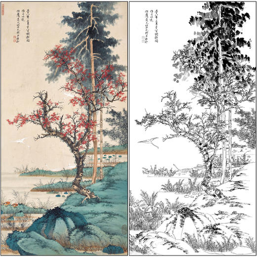谢稚柳山水工笔画白描底稿《秋浦雁影》四尺六尺临摹勾线高清打印稿XZ32 商品图0