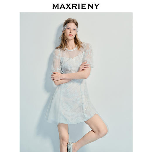 MAXRIENY25年夏季新款国风优雅刺绣重工连衣裙收腰泡泡袖绣花裙子(货号:MF86DR253) 商品图0
