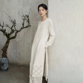 【林栖设计小店】（现货）纯白系列绵羊毛毛织连衣裙镂空仿手钩花2025秋季新款开衩长裙女1953057