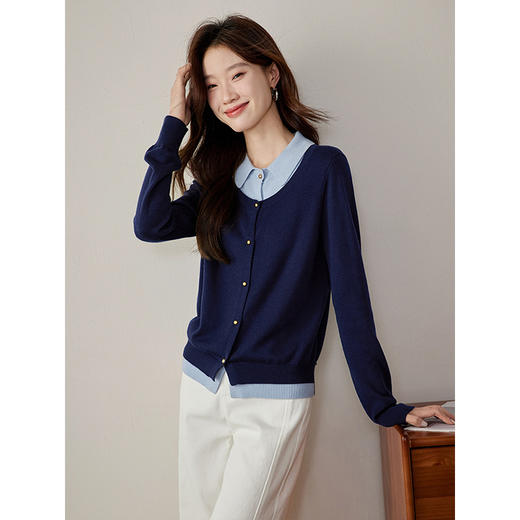 【五折购】熙世界气质时尚撞色翻领假两件针织衫女2025春秋新款长袖毛衫上衣 商品图4