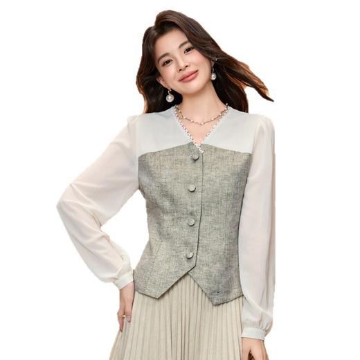 「自」全新升级【铂金会员192/天猫259/差价67】(00808)洛诗琳法式小香风长袖衬衫2025秋季气质假两件V领雪纺上衣 商品图4