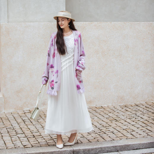 【林栖设计小店】木槿紫听风系列印花毛织外套羊驼毛流苏宽松显瘦2025秋冬新款开衫毛衣女1954078 商品图1