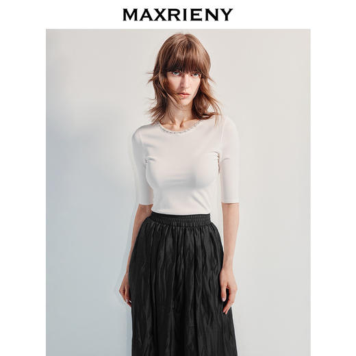 MAXRIENY精致简约感25夏款钉珠套头毛针织衫七分袖收腰显瘦上衣女(货号:MF86SW004) 商品图0