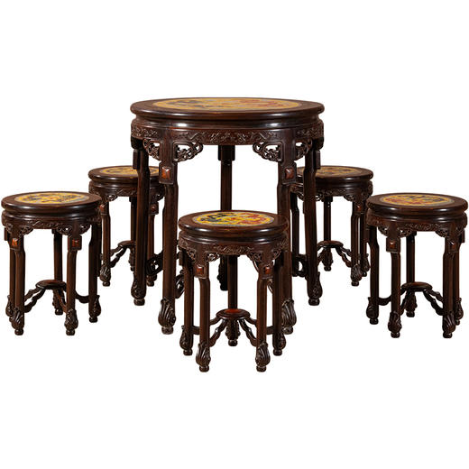 二十世纪	红木镶粉彩瓷板双龙戏珠圆台圆凳成套（一桌五凳） 商品图5