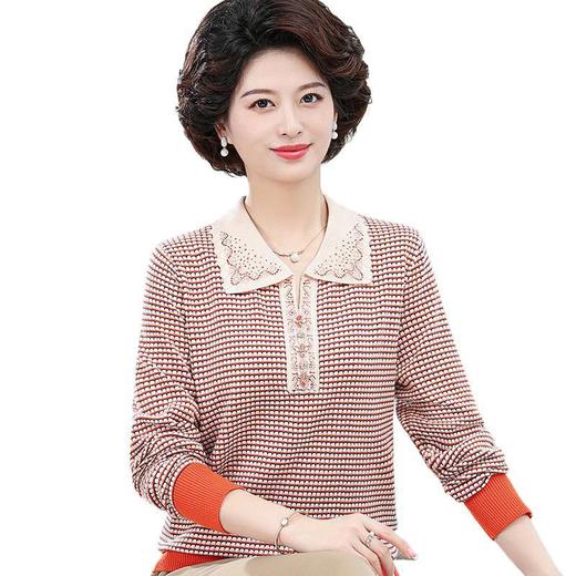 W106-9015-55-108中老年妈妈秋装条纹打底衫长袖上衣40-50岁中年女士针织翻领毛衣 商品图4