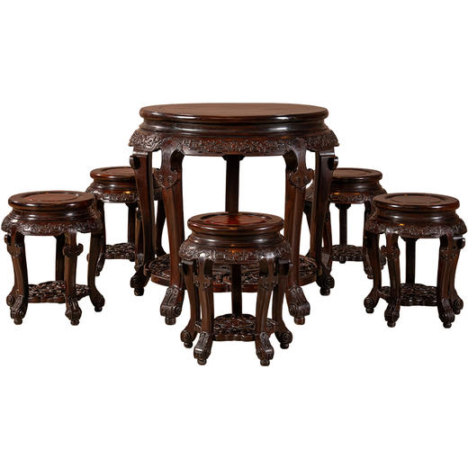 清	红木镶瘿木夔龙纹圆台成套（一桌五凳） 商品图5