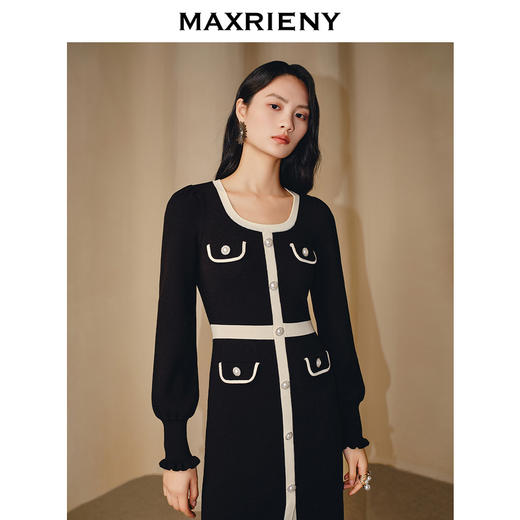 MAXRIENY【商场同款】赫本风连衣裙冬季新款名媛撞色针织裙子中长款(货号:MC88DR809) 商品图1
