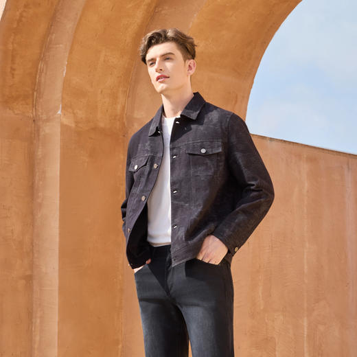 半身缘男装 春季翻领花卉图牛仔夹克透气柔软百搭261112M01310001 商品图3