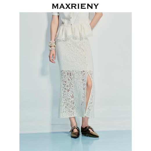 MAXRIENY2025蕾丝半身裙显瘦开叉牛仔裙开叉半裙镂空度假风(货号:MF86SK264) 商品图0
