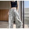 【清爽出街！回头率爆棚】垂感十足，复古印花青瓷花冰凉丝亚麻阔腿裤女夏季薄款宽松防蚊裤大码直筒休闲裤。rb 商品缩略图1