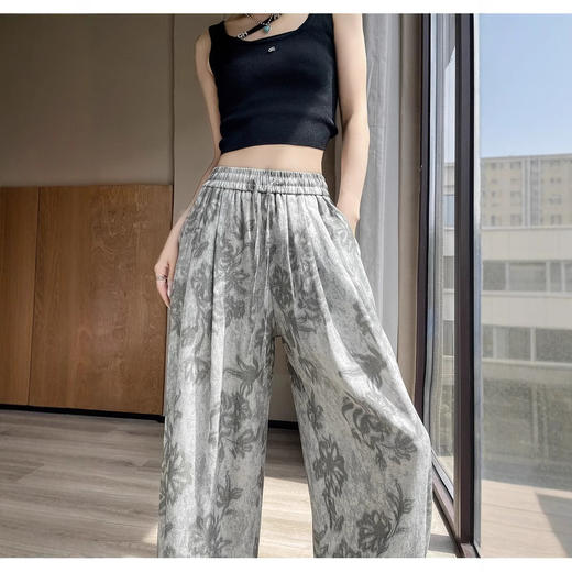 【清爽出街！回头率爆棚】垂感十足，复古印花青瓷花冰凉丝亚麻阔腿裤女夏季薄款宽松防蚊裤大码直筒休闲裤。rb 商品图1