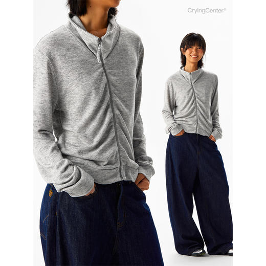 CryingCenter 斜门襟抽褶拉链开衫 哭喊中心 商品图2