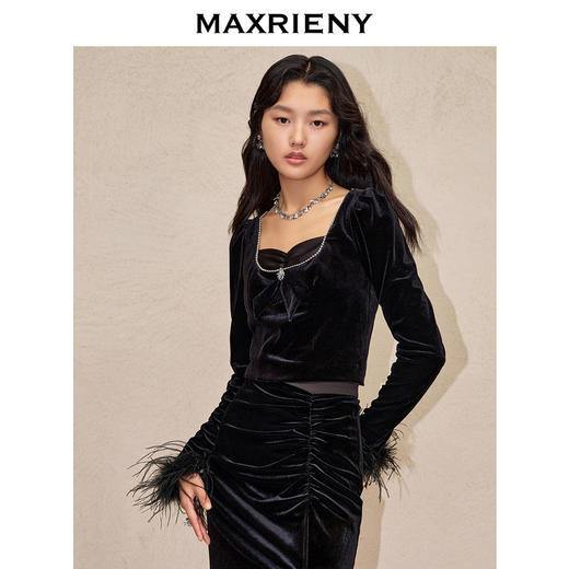 MAXRIENY复古率性拼接丝绒上衣打底衫(货号:MC88TP770) 商品图1