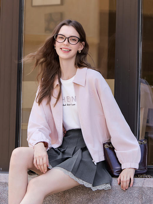 【百图lulu定制】【艺术生夹克】 莱赛尔混纺  粉色   小个子百搭   翻领短外套  夹克 商品图0