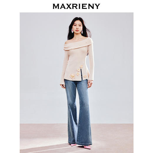 MAXRIENY精致优雅感套头针织衫25春新款一字领修身显瘦长袖上衣女(货号:MS85SW784) 商品图1
