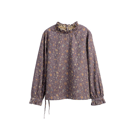 绽放女装567朵/纯棉纹样提花设计感木耳边抽绳长袖衬衫女秋冬新款 商品图4