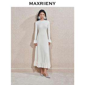 MAXRIENY千金温柔风连衣裙24冬新款米白色针织裙鱼尾长裙小白裙(货号:MS85DR754)