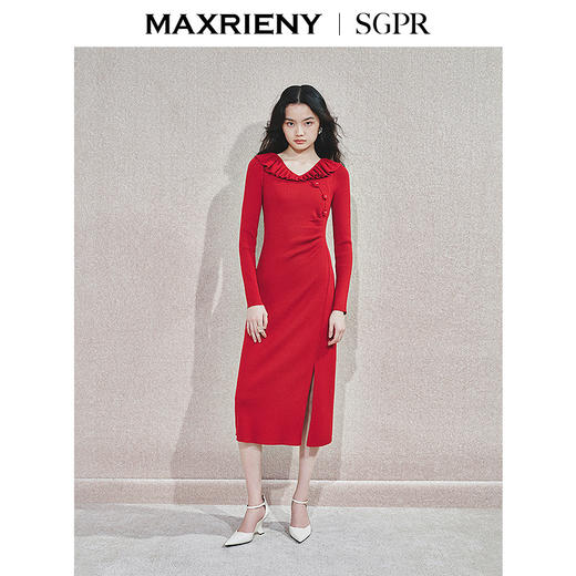 【商场同款-新年红系列】MAXRIENY优雅复古感连衣裙针织红色裙子(货号:MS85DR759) 商品图0