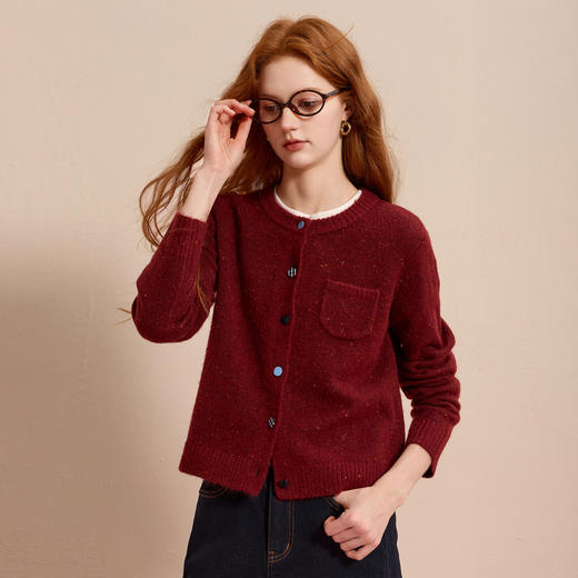 三彩2025冬季新款圆领针织衫彩色纽扣毛衫长袖直筒简约开衫M 商品图1