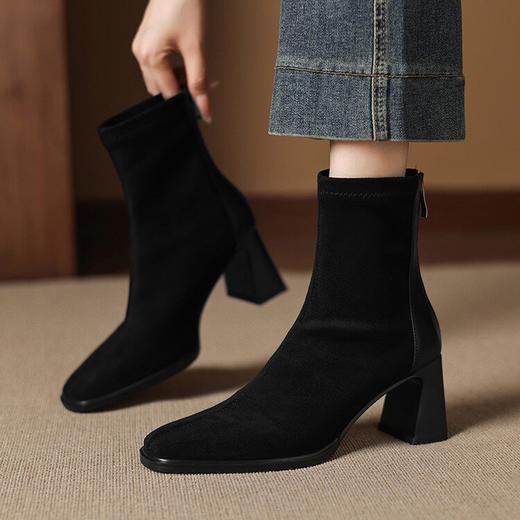 【预售5天】法式绒面短靴女新款秋冬后拉链粗跟马丁靴方头显瘦拼接切尔西单靴AJ&JL-811 商品图4