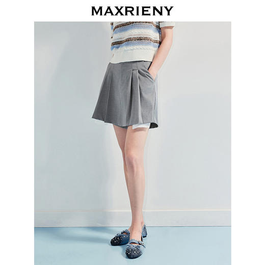 MAXRIENY精致日常风a字撞色百褶裙裤25夏款学院风高知灰色裤裙(货号:MF86PA007) 商品图3