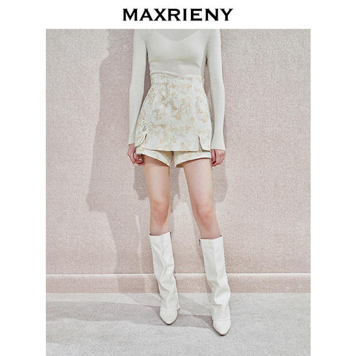 MAXRIENY精致复古感鎏金提花高腰短裤24冬高级气质感修身阔腿裤女(货号:MS85PA756) 商品图1