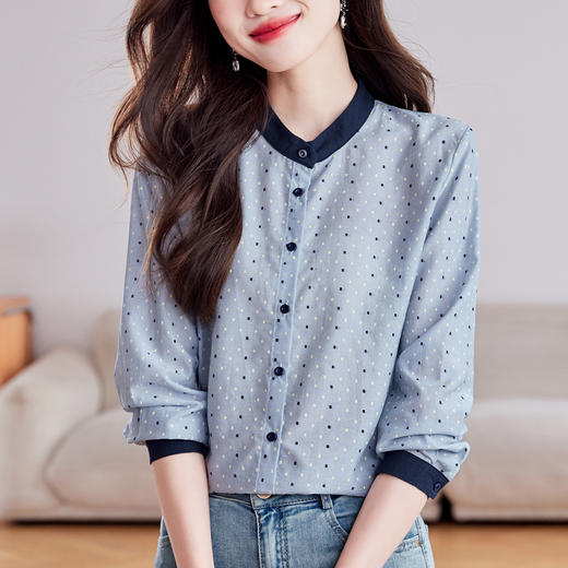 KQL 369H9806韩版设计感拼色圆点长袖衬衫女减龄 商品图3