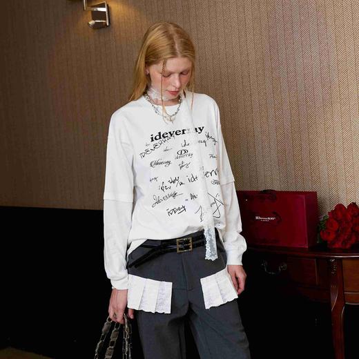 【明星同款】IDEVERRAY设计感字母印花长袖T恤男女同款早秋新品假两件圆领上衣 商品图1