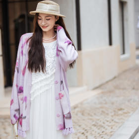 【林栖设计小店】木槿紫听风系列印花毛织外套羊驼毛流苏宽松显瘦2025秋冬新款开衫毛衣女1954078