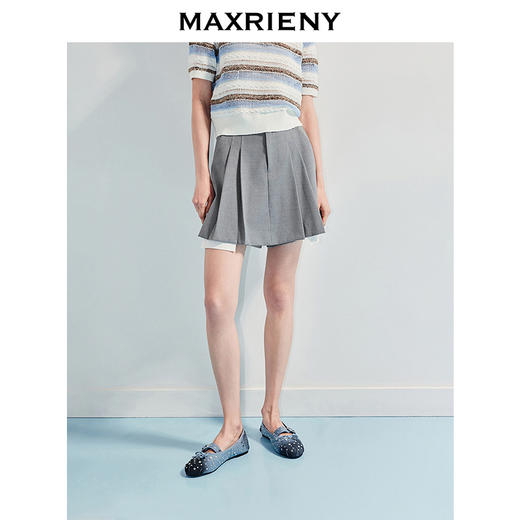 MAXRIENY精致日常风a字撞色百褶裙裤25夏款学院风高知灰色裤裙(货号:MF86PA007) 商品图1
