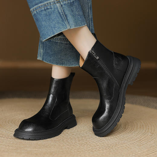 阿么手工女鞋羊皮时装靴高质感穿搭2025新款时尚秋冬百搭短靴5CM 商品图1