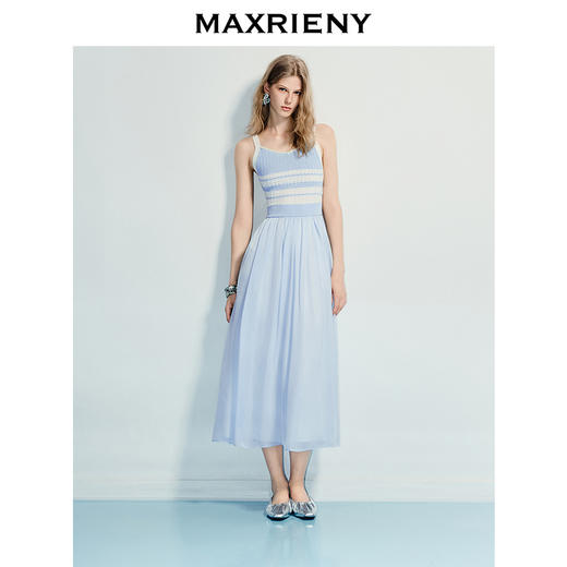 MAXRIENY海岛度假风25夏款条纹吊带连衣裙收腰提花伞摆针织长裙(货号:MF86DR016) 商品图0