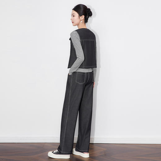 「高货wl」全新升级【铂金会员404/天猫549/差价145】(99828)洛诗琳休闲时髦松弛牛仔马甲条纹长袖T恤阔腿长裤三件套 商品图1