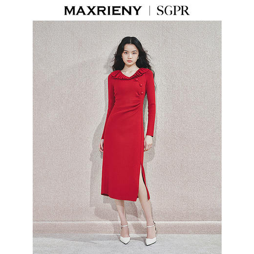 【商场同款-新年红系列】MAXRIENY优雅复古感连衣裙针织红色裙子(货号:MS85DR759) 商品图1