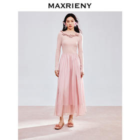 MAXRIENY春日复古优雅浪漫温柔风2025春季新款玫瑰网纱装饰连衣裙(货号:MS85DR774)