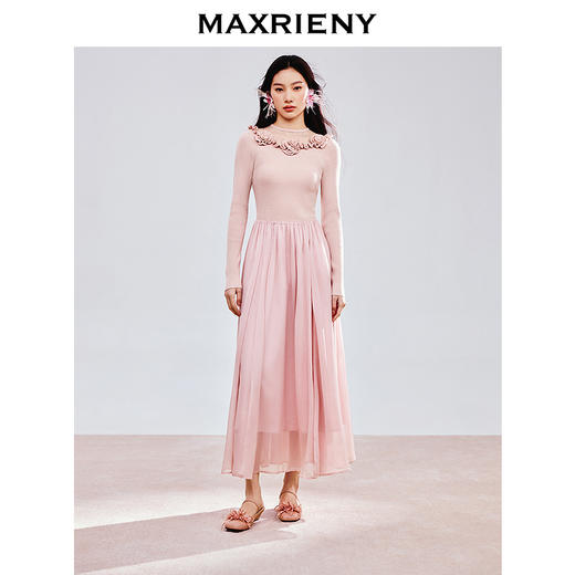 MAXRIENY春日复古优雅浪漫温柔风2025春季新款玫瑰网纱装饰连衣裙(货号:MS85DR774) 商品图0