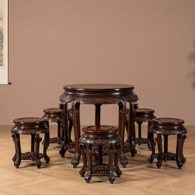 清	红木镶瘿木夔龙纹圆台成套（一桌五凳）