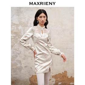 MAXRIENY新中式盘扣国风改良旗袍设计感印花修身显瘦秋冬连衣裙(货号:MS88DR512)