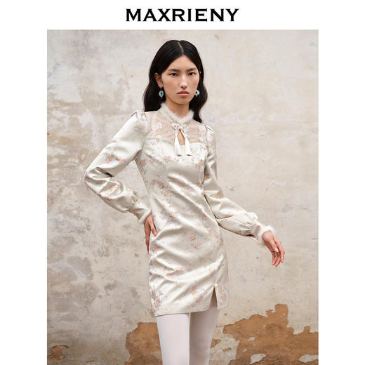 MAXRIENY新中式盘扣国风改良旗袍设计感印花修身显瘦秋冬连衣裙(货号:MS88DR512) 商品图0