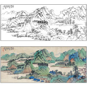 谢稚柳山水工笔画白描底稿《山村晴色》临摹勾线高清打印稿XZ45